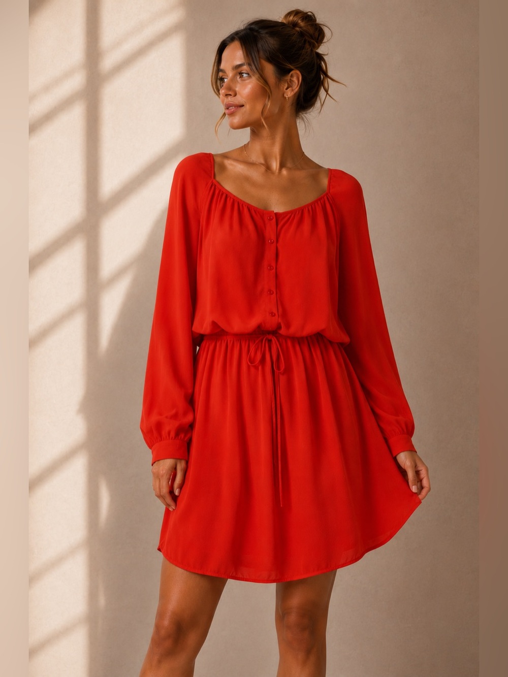 MEDIUM GAP Bold Red Long Sleeve Midi Dress